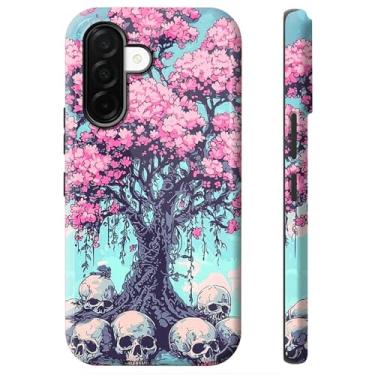 Imagem de BWEGRHE Capa de telefone de caveira flor de cerejeira para Samsung Galaxy A36 5G, capa protetora resistente à prova de choque de camada dupla com TPU macio + PC rígido, ajuste fino antiarranhões