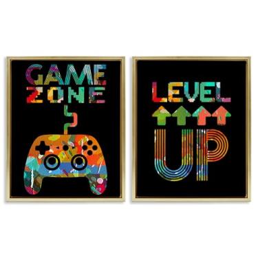 Imagem de Stupell Industries Conjunto de 2 peças de tela flutuante emoldurada cinza com frases de gamer retrô coladas, design por Marcus Prime, 78 x 63 cm