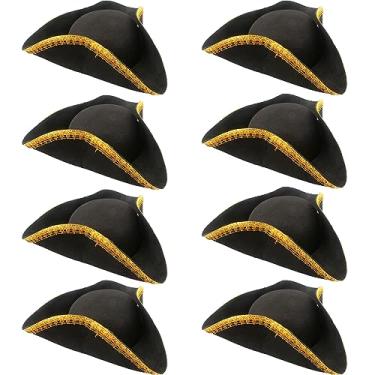 Imagem de SGBETTER Adulto Unissex Pacote Com 8 Chapéus De Feltro Pirata Tricórnio, Chapéu Bucaneiro Preto Acabamento Dourado Para Acessórios Fantasia Festa Máscaras Halloween