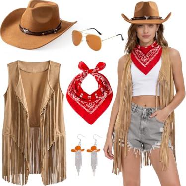 Imagem de Cubacubo Roupas de vaqueira para mulheres, fantasia de vaca ocidental, franja, colete de caubói e acessórios, Caqui, XX-Large