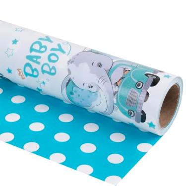Imagem de Altarho Papel de embrulho reversível para meninos - 43 cm x 80 cm - caminhão elefante azul e bolinhas - estampas de animais fofos para aniversário chá de bebê, decoração de festa de bebê