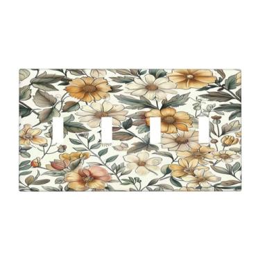 Imagem de DWBGUO Capa decorativa para interruptor com folhas boho, flores amarelas, design botânico, estilo chalé, 4 gangues, placa de parede artística, exclusivo quadriciclo, interruptores de luz para