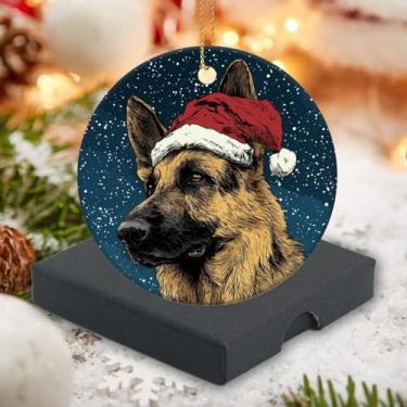 Imagem de Enfeite de cerâmica de Natal de noite estrelada 2025, decorações de animais de 7,6 cm, pastor alemão usando chapéu de Natal, para pais, amigos, colegas, amantes