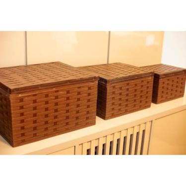 Imagem de Kit Baús Organizadores em Fibra Sintética P/M/G Multiuso Artesanal com Tampa – Cestos Decorativos para Quarto, Sala e Banheiro(ARGILA)