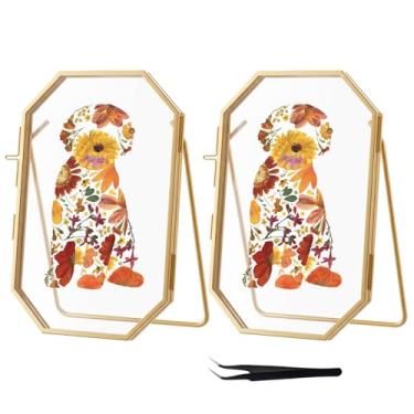 Imagem de Conjunto de 2 molduras flutuantes douradas de 15 x 7 cm, 9 x 12 cm, 10 x 15 cm, molduras de borda de renda de metal de latão, moldura de vidro duplo ajustável para mesa/prateleira, enfeites de arte de