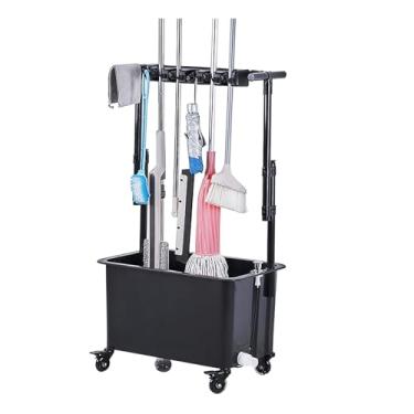 Imagem de TRGCJGH Carrinho de limpeza sobre rodas, pia de esfregão de montagem no chão com suporte de esfregão de vassoura, organizador de ferramentas de limpeza (5 compartimentos e 6 ganchos, A)