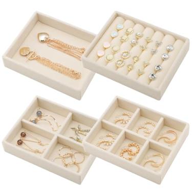 Imagem de Ewen Pacote com 4 mini bandejas empilháveis para exibição e armazenamento de joias em 4 layouts diferentes, estojos de veludo de 12 x 9,5 x 2,5 cm para inserções de gavetas, bandeja de armazenamento e