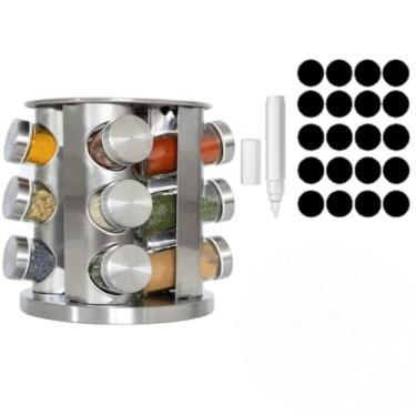 Imagem de Prateleira giratória para temperos 12, 16, 20 potes de vidro Tampas de aço inoxidável Etiquetas Decoração para cozinha (Porta Tempero Completo 12 Redo)