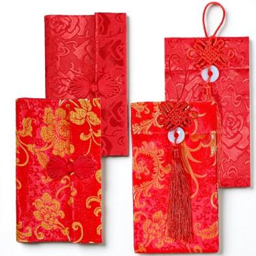Imagem de 4 envelopes vermelhos de seda, bolso vermelho chinês, bolsos para dinheiro da sorte, envelope de convite de elemento chinês com nó chinês, pingente de jade para festival da primavera, casamento, ano