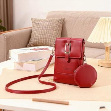 Imagem de Bolsa de couro antifurto, pequena bolsa transversal para celular, carteira feminina com bloqueio de RFID, bolsa tiracolo com alça de ombro, Vermelho
