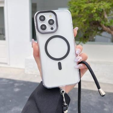 Imagem de Capa magnética transparente para iPhone 17 16 15 11 12 13 14 Pro Max com alça transversal, cordão e proteção anti-perda, preta, para iPhone 16e