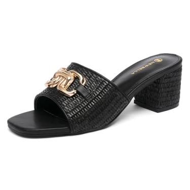 Imagem de NEWBELLA Sandálias femininas de salto bloco salto quadrado aberto corrente de metal slip on mules sapatos elegantes, Preto, 34