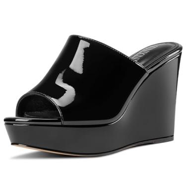 Imagem de TNYNFBEB Sandálias femininas de salto plataforma plataforma plataforma peep open toe sapatos mules slingback slip p-on vestido de festa de formatura couro envernizado verão 3,9 polegadas salto, Preto