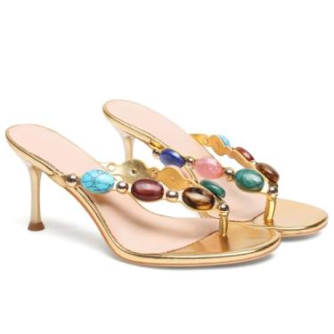 Imagem de Oakmoo Sandália feminina com tiras estilo tanga feminina verão mules salto gatinho bico aberto redondo salto médio moda festa casamento vestido tanga casual sapatos, Dourado, 35