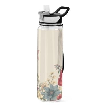 Imagem de ATTX Garrafa de água floral colorida, 946 ml, à prova de vazamento e livre de BPA, garrafas de água reutilizáveis de plástico Tritan para viagens, academia, corrida, fitness #397