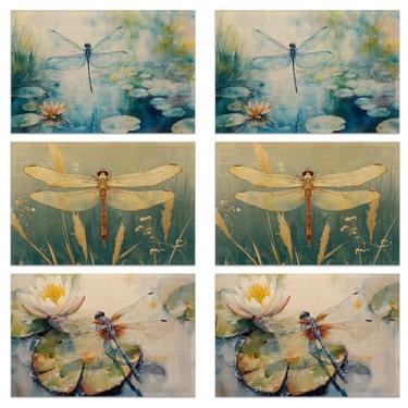 Imagem de Conjunto de 6 jogos americanos de mesa, tecido de linho impermeável, suporte antiderrapante e fácil de limpar, protetores de mesa de jantar elegantes para família e convidados (libélula aquarela)