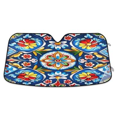 Imagem de ATTX Para-brisa de carro com azulejo de cerâmica mexicana 144.8 cm x 80.0 cm escudo solar universal com proteção UV, persiana de janela frontal automática dobrável para caminhões Sedans SUVs #628