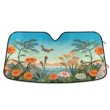 Imagem de ATTX Para-brisa de carro com flores coloridas Dragonflies 134.6 cm x 59.7 cm Protetor solar universal com proteção UV, persiana de janela frontal automática dobrável para caminhões Sedans SUVs #794