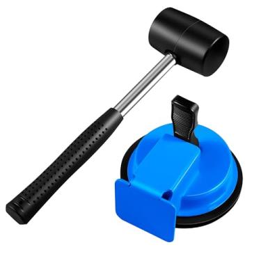 Imagem de Ferramenta de fixação de lacunas de piso resistente com martelo de borracha, corpo de ferro e ventosa forte, inclui 5 almofadas adesivas para instalação e reparo de pisos laminados, vinil, madeira e