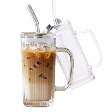 Imagem de Copo De Vidro Com Tampa E Canudo 250ml Caneca Canelado Frisado Chá Gelado Café Estilo Coreano Aesthetic Mason Jar Pequena Pote Alça Conserva Americano Bebidas (6)