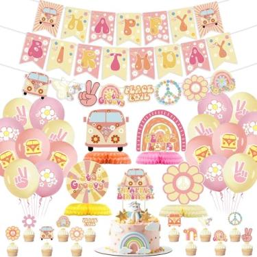 Imagem de Decorações de festa descoladas - faixa de aniversário hippie, guirlanda, balão arco-íris boho, topos de cupcake para decoração retrô dos anos 60 e 70