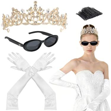 Imagem de ROPCIA Fantasia de princesa Mia, acessórios femininos para fantasia de Halloween, coroas de cristal femininas, chapéus, luvas longas e óculos de sol, são perfeitos para usar em festas