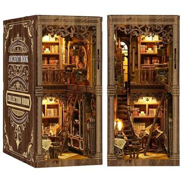 Imagem de Kit de canto de livros antigos para sala de coleção de livros | Luz sensível ao toque, kit de inserção de estante em miniatura DIY, quebra-cabeça de madeira 3D para decoração de estante, presentes