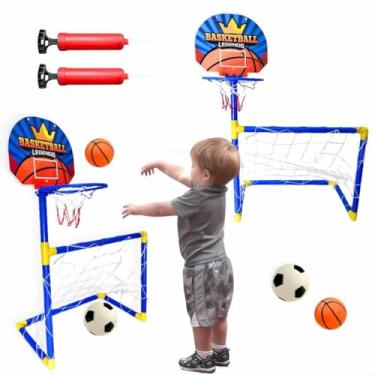 Imagem de Kit com 2 Brinquedo 2 em 1 Mini Trave de Futebol Infantil + Mini Cesta com bola de Basquete + bomba de encher bombinha de ar presente menino menina dia das crianças aniversário Natal Férias