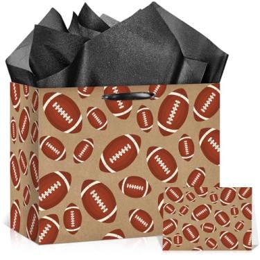 Imagem de Wayyogh Bolsa de presente de futebol com papel de embrulho e cartão comemorativo clássico marrom design de futebol americano sacos de presente para meninos homens esportes temático aniversário jogo