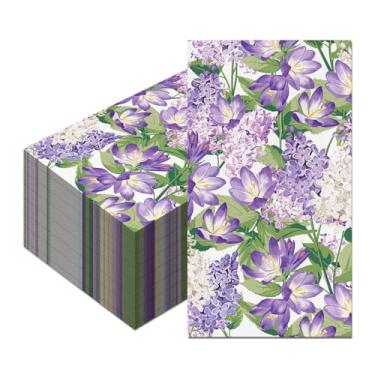 Imagem de 40 guardanapos lilás para convidados, guardanapos de papel descartáveis florais roxos com flores de sino violeta e padrões de flores lilás, 11 x 20 cm para casamento, chá de panela, chá da tarde