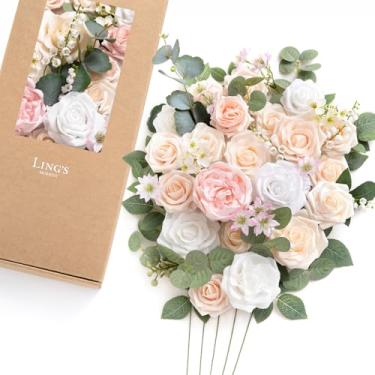 Imagem de Ling's moment Caixa de flores falsas, hastes artificiais artificiais de espuma, rosas, peônia de seda para centros de mesa, arranjos florais de casamento, chá de panela, creme e blush, combo deluxe