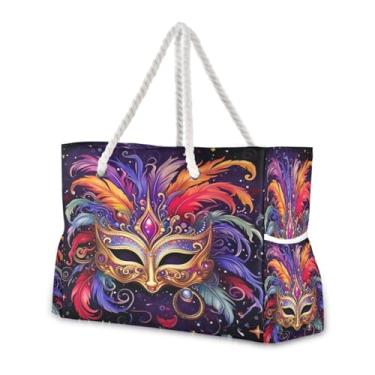 Imagem de Wassud Bolsa de praia colorida com máscara veneziana grande, bolsa de praia para mulheres, impermeável, à prova de areia, bolsa de viagem com zíper e bolso para piscina, academia, acampamento