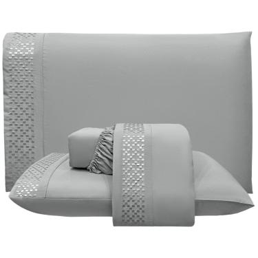 Imagem de Jogo De Lençol Casal Quadratto Bordado 300 Fios Micropercal Toque De Algodão 4 Peças - Cinza - 100% Poliéster