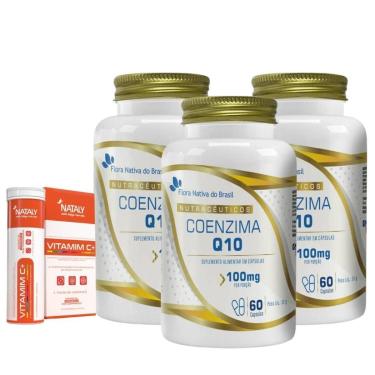 Imagem de Kit Com 3 Coenzima Q10 100% Pura 60cáps 100mg + 1 Vitamim C+-Unissex