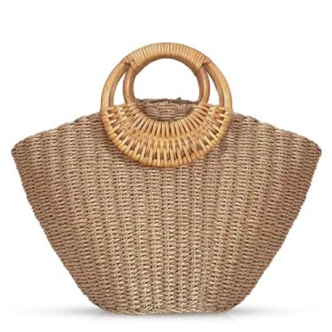 Imagem de QTKJ Bolsa feminina de palha de verão, bolsa de mão tecida à mão com alça de bambu criativa, tecido grande para viagens de férias diárias (Cáqui)