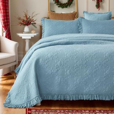 Imagem de Brandream Conjunto de colcha queen size de algodão, azul, shabby chique, paisley, matelasse, colchas de fazenda, babados, 3 peças