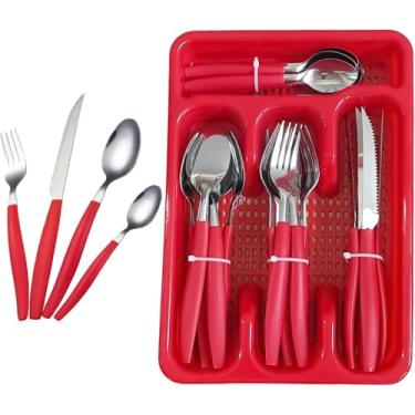 Imagem de Kit 25 Peças Talheres com Porta-Talher 6 Facas 6 Garfos 6 Colheres de Mesa e 6 de Chá Inox com Cabo Resistente Jogo Completo para Cozinha e Refeições 0007 (Vermelho)