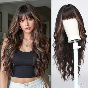 Imagem de Esmee Peruca longa ondulada marrom com destaque para mulheres com franja peruca de cabelo sintético natural para uso diário e festa