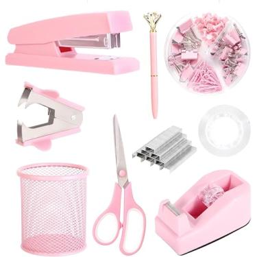 Imagem de Acessórios de mesa rosa, conjunto de material de escritório rosa com grampeador, dispensador de fita, removedor de grampo, suporte de caneta, tesoura, fichário/clipes de papel, caneta esferográfica