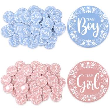 Imagem de Whaline 50 peças Cielito Lindo botão revelador de gênero rosa alfinetes azuis equipe menina menino botões emblemas para chá de bebê, lembrancinhas de festa, suprimentos de jogos, 1,8 polegadas