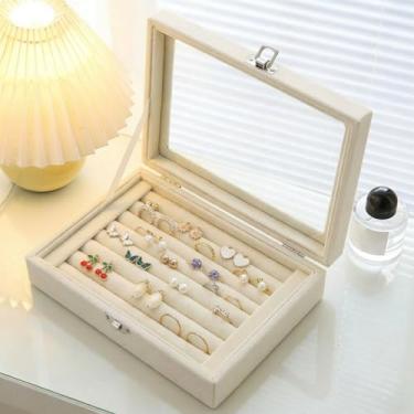 Imagem de Bandeja organizadora de anéis com 7 compartimentos, caixa de armazenamento de brincos de veludo com tampa transparente, estojo de exibição de joias para meninas, esposa, mãe, mulher, bege