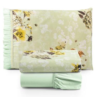 Imagem de Jogo Cama Lençol Fiore Solteiro Estampado 180 Fios 100% Algodão Com Babadinho 3 Peças Verde Floral