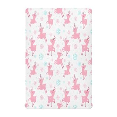 Imagem de Qilmy Lindo lençol de bebê de cervo de Natal, macio e respirável, de microfibra elástica, lençol com elástico para meninos e meninas, 132 x 71 cm, capa de colchão infantil portátil