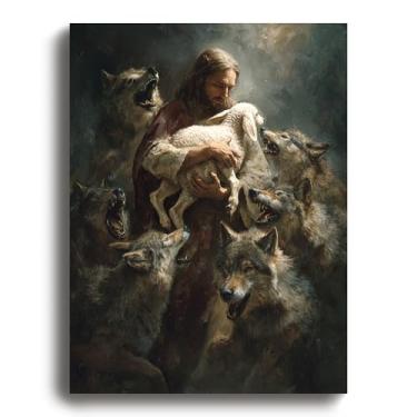 Imagem de Deveosa Pôster Jesus e Cordeiro Protegendo Cordeiro de Lobos Imagens Religiosas Pintura em Tela Arte Cristã Decoração de Quarto para Casa