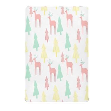 Imagem de Qilmy Lençol de berço de árvores de rena de Natal para meninos e meninas, lençol com elástico de microfibra macia e respirável para berço padrão e colchão, 71 x 132 cm, roupa de cama de bebê