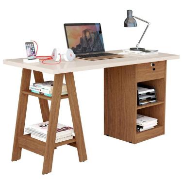 Imagem de Mesa Escrivaninha Para Escritório 1 Gaveta Com Chave Boreal Off White/canela