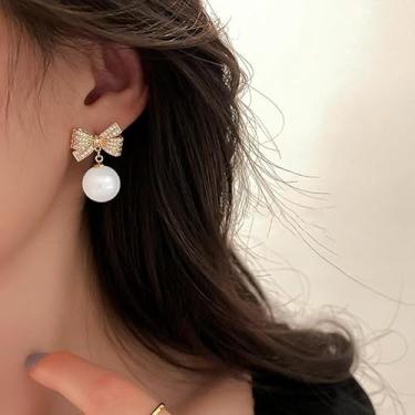 Imagem de Brincos de pressão femininos com strass e laço de pérola, sem piercing, joias de Natal, leves, presentes, Medium, Latão, Sem pedra preciosa