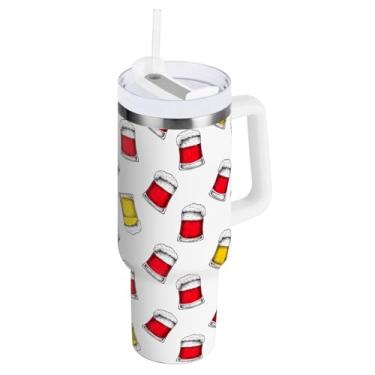 Imagem de ODAWA Copo grande isolado de outono com alça e tampa de palha, canecas vermelhas amarelas copo à prova de vazamento de cerveja