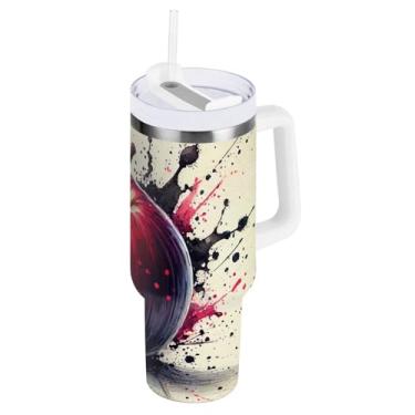 Imagem de Copo de água grande artístico de frutas com tampa e canudo, copo de aço inoxidável com tampa 2 em 1