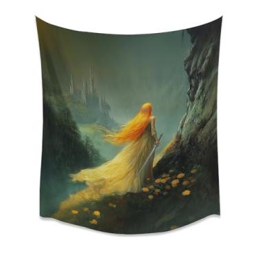 Imagem de Tapeçaria de princesa castelo gótico místico fantasia paisagem paisagem paisagem encantada floresta penhasco cena escura academia arte decoração para quarto, sala de estar, sala de jogos